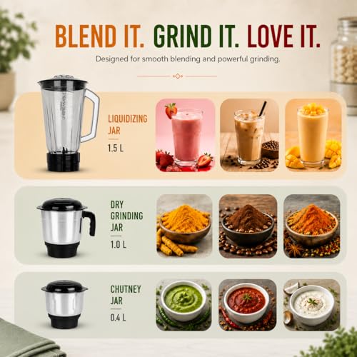 Image of Pringle Soul 650W 3 Jars Mixer Grinder | 5 Year Warranty | 45 Min Non Stop Running | 2 SS Jars (Wet & Dry Grind, Chutney Jar) 1 Juicing Jar | Copper Motor | SS Blades | Black Silver