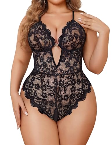 Avidlove Lingerie for Women Plus Size Sexy Deep V Teddy Lace Bodysuit One Piece Lingerie Black 5XL