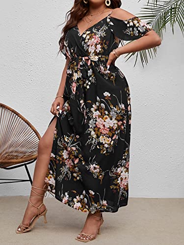 Image of Floerns Women's Plus Size Cold Shoulder Short Sleeve Split Thigh Long Dress