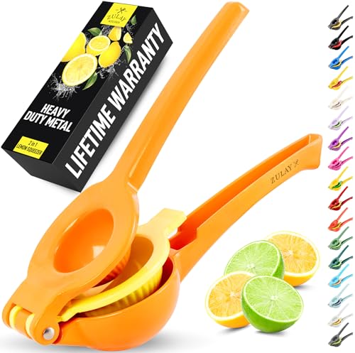 Zulay Kitchen Metal 2-in-1 Lemon Squeezer - Sturdy Max Extraction Hand Juicer Lemon Squeezer Gets Every Last Drop - Easy to Clean Manual Citrus Juicer - Easy-Use Lemon Juicer Squeezer - Orange/Yellow