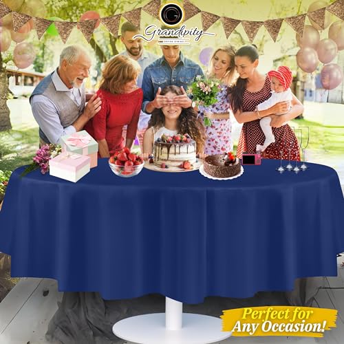 Image of Grandipity Plastic Table Cloth Disposable 12 Pack 84 inch Round Navy | Plastic table covers, durable disposable tablecloths, fade and tear-resistent table cover for party, event