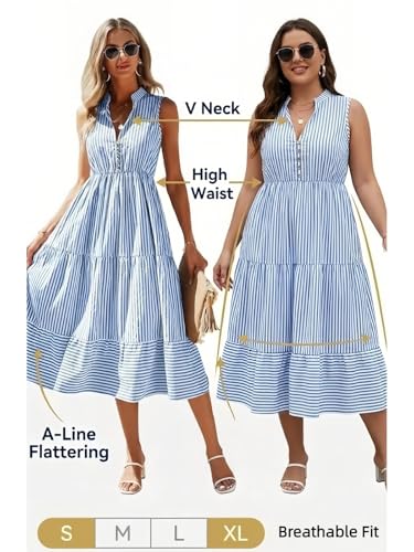 Image of BROVAVE Womens 2026 Summer Sleeveless Shirt Dress Collar Striped V Neck Casual Midi Dresses
