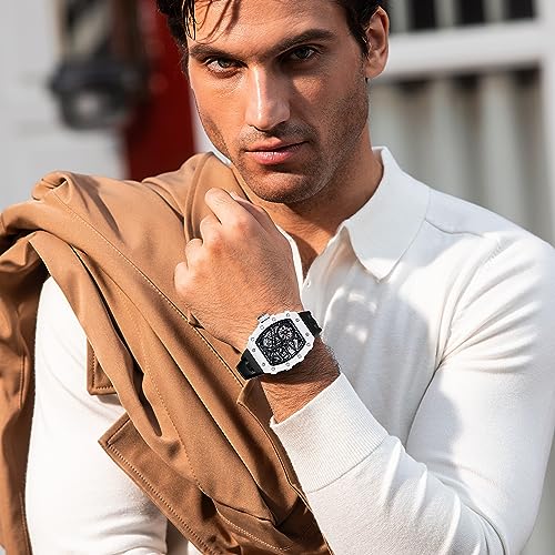 Image of TSAR BOMBA Men's Automatic Watch Tonneau Luxury Skeleton Watches for Men Mechanical 50M Waterproof Analogue Watches Mens Unique Cool Square Big Face Dial Wristwatch with Silicone Strap Band