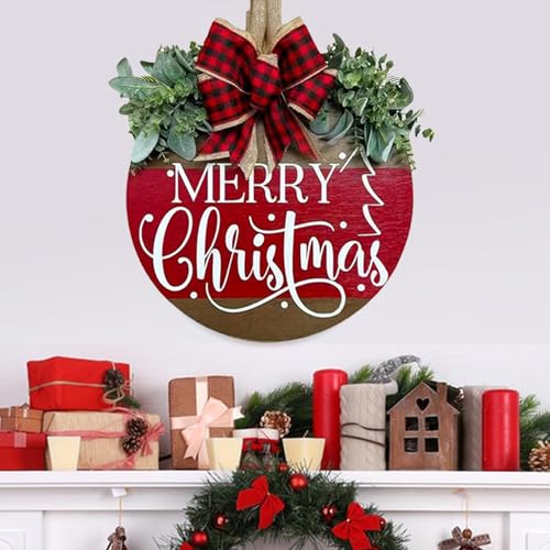 Image of Merry Christmas Wreath Hanging Sign for Front Door, Wooden Welcome Wreaths Sign with Bow for Holiday Rustic Farmhouse Outdoor Wall Window Decor (Merry Christmas)