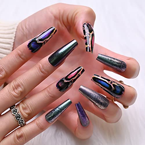 Ezpieces Fake Nails with Glue, Press on Nails Long Coffin Nails, Metallic Acrylic Nails Artificial French Tip for Women/Daily/Party, 24PCS/Set(SnakementB)