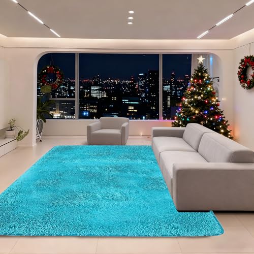 Tapis shaggy bleu super doux antidérapant évite les glissades chambre