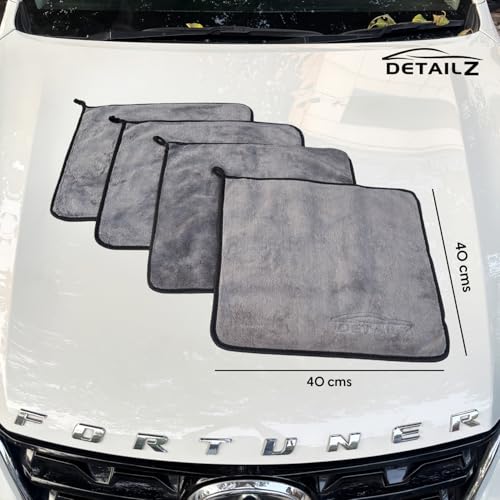 Image of DETAILZ 500 GSM Microfiber Cleaning Cloth for Car, Bike & Home | Ultra Soft Lint-Free Microfiber Towel | Double Sided Extra Thick Plush for Scratch-Free Drying & Detailing-40x40 cm (Pack of 2, Grey)