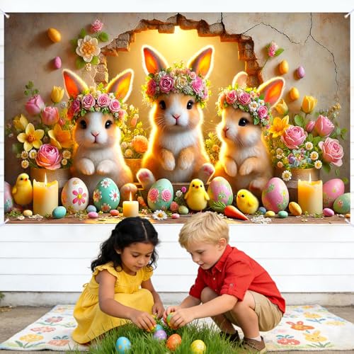 Image of Nuxovilar 43x70 inch Bunny Trio Flowers Easter Banner | Playful bunny trio and floral Easter backdrop for home decor and spring festivity.