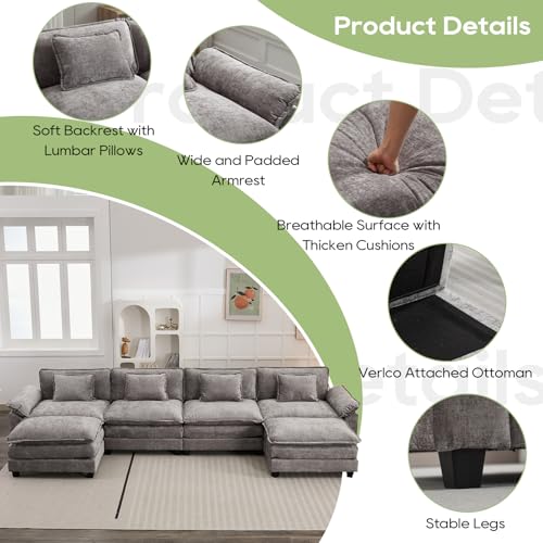 Image of Oprisen 154 inch Modular Sectional Sofa, Comfy Cloud Couch Sectional Sofa with Ottoman, Chenille Sofa Sleeper Deep Seat Sofa with Throw Pillows for Living Room (Light Gray, 154 inch- U Shape)