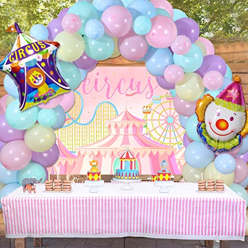 Pink Circus Theme Party Decorations For Girl Circus Balloon Garland Kit With Happy Birthday Backdrop Banner Pink Circus Balloon Table Cloths For Birthday Children's Day Carnival Baby Shower Supplies #TOP4