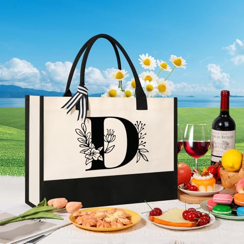 Image of Tecanne Personalized Initial Canvas Tote Bag, Suitable for Birthday, Wedding, Beach, Holiday, Gifts for Women, Mom, Teachers, Nurses, Best Friends, Bridesmaids (D)