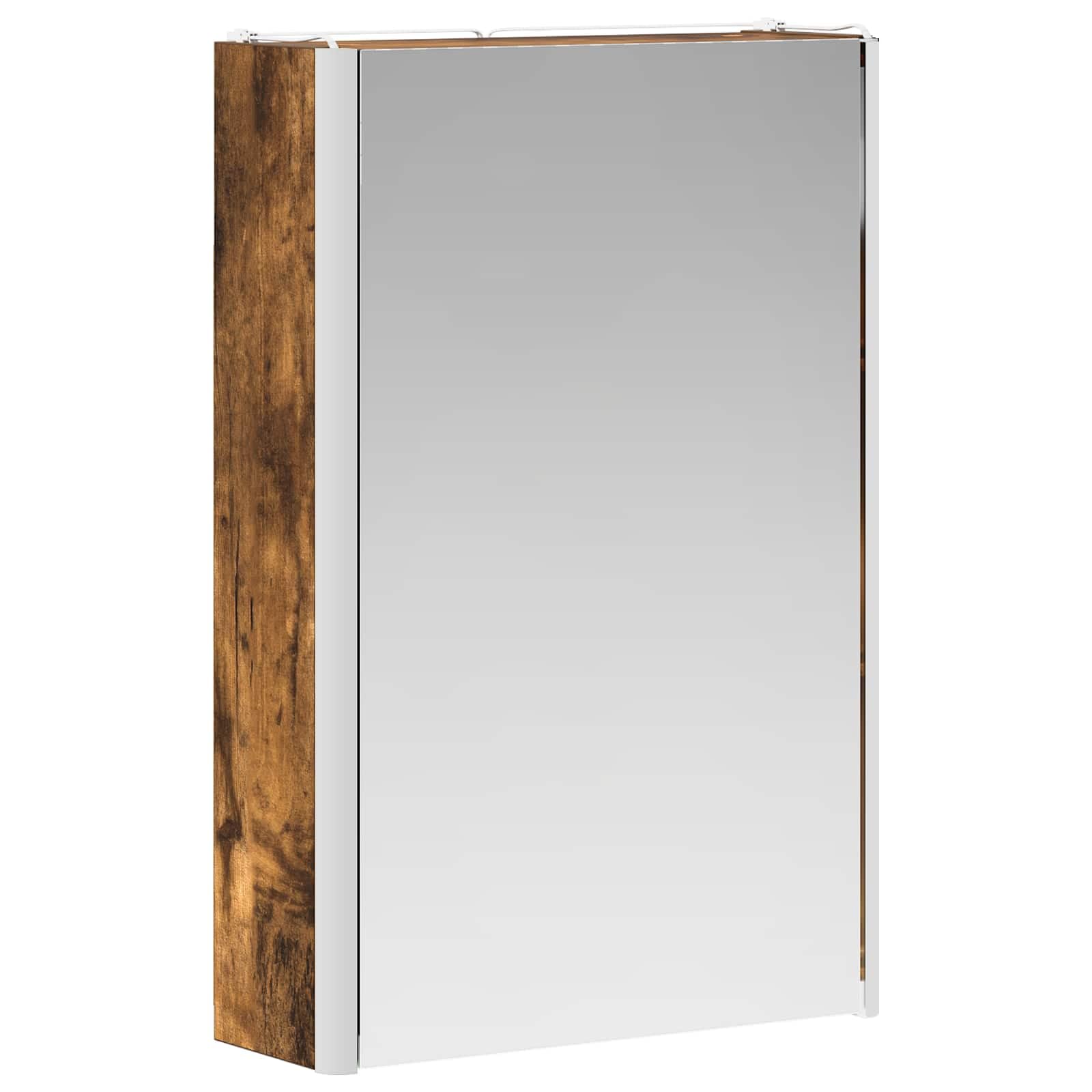 Szafka łazienkowa z lustrem wędzonego dębu, 33 x 11,5 x 50 cm, materiał drewnopochodny z oświetleniem LED, montaż na ścianie, regulowane regały, miejsce do przechowywania szafki pod umywalkę