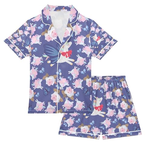 senya Flying Unicorns Satin Summer Pajama Sets Silk Short Sleeve Button Down Sleepwear