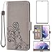 Compatible with Samsung Galaxy S21 Plus Glaxay S21+ 5G Wallet Case and Tempered Glass Screen Protector Flip Wrist Strap Card Holder Cell Phone Cover for Gaxaly S21+5G S21plus 21S + S 21 21+ G5 Grey