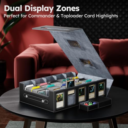 Image of Trading Card Storage Box, 4300+ MTG Deck Box with Magnetic Lid | Handle design with Commander and Toploader displays, dice box, dividers and labels for TCG, MTG, Yu-Gi-Oh! and sports cards
