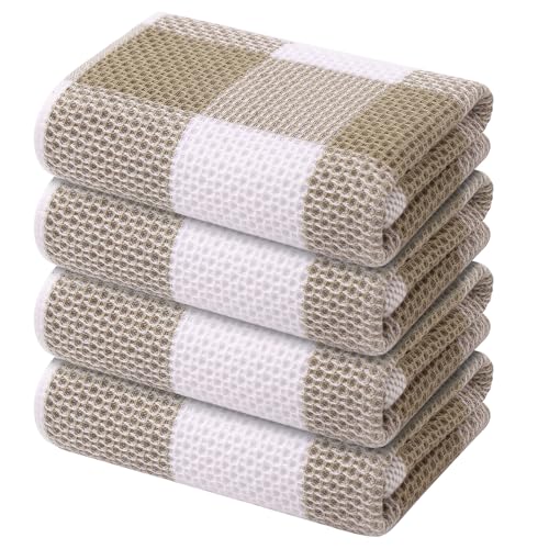 Mordimy Cotton Waffle Kitchen Towels, 13"x 28", 4 Pack, Khaki & White
