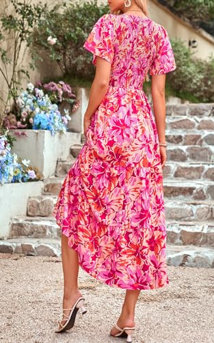 Image of PRETTYGARDEN Women's 2026 Summer Casual Flutter Short Sleeve Boho Floral Maxi Dress Crew Neck Smocked Tiered Long Dresses