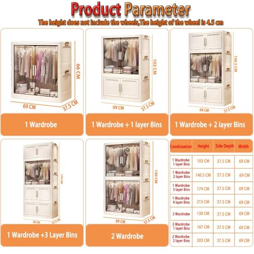 Image of Plastic Wardrobe for Kids Clothes - 3 Door Foldable Cupboard for Bedroom, Baby Clothes Storage Almirah with Doors, Collapsible Wardrobe Kids for Home (White 712)