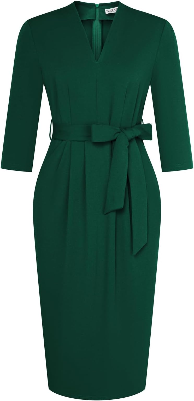Womens Work Dresses V Neck 3/4 Sleeve Back Zipper Tie Waist Bodycon Dress Office Cocktail Dress with Pockets