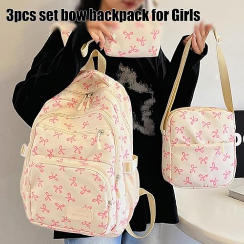 3PCS Set Bow Backpack for Girls, Cute Kawaii Backpacks Set Large Capacity With Crossbody Bag And Wallet (Pink)2
