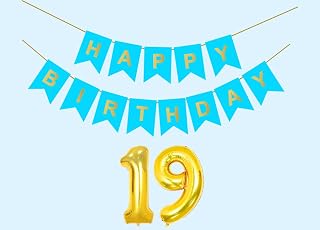 Mystic Toy Store 19th Sky Blue Happy Birthday Decoration Kit for 19 year Old Boys Girls Teenage with Number Nineteen Party Decorations Decor Celebration Items Item Set Combo Reusable Paper Banner