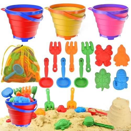 Collapsible Beach Toys for Toddler,Sandbox Toys for Kids 3 Packs Foldable Buckets with Sand Molds,Shovels&Mesh Bag for Beach Summer Outdoor Activities,Travel Sand Toys for Kids Boys Girls