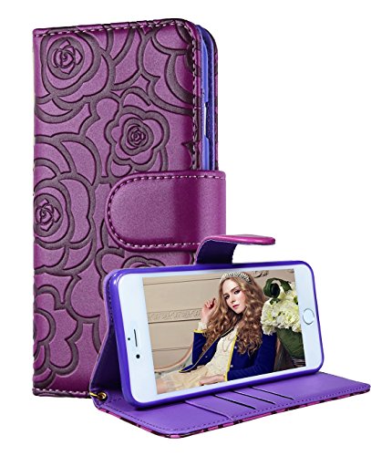 FLYEE Case Compatible with iPhone 6 Plus(2014)/iPhone 6s Plus (2015) 5.5 inch,Wallet Case for Women and Girls with Card Holder, Premium Leather[Embossed Flowers] Protective with Wrist Strap-Purple