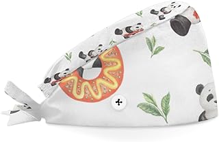 Bouffant Scrub Caps Printed Working Surgical Cap Pandas Donut Bamboo Nurse Hats with Buttons and Sweatband Adjustable Tie Back Hat for Women Men Multi Color