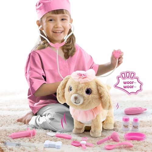 interactive toys electronic plush dog for girls pretend play doctor kit with dress up costume remote control puppy sing walk nod bark wag tail gifts for 2 3 4 years old kids toddlers