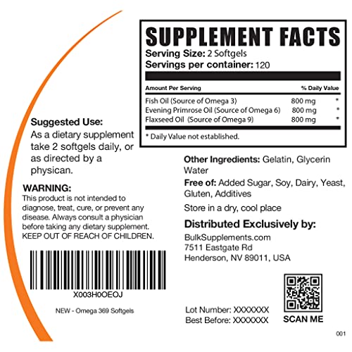 Bulksupplements.com Omega 3-6-9 Softgels - From Evening Primrose, Flaxseed, & Fish Oil Supplements - Triple Omega Supplement - 1200Mg Per Softgel, 2 Softgels Per Serving (240 Softgels) #TOP1