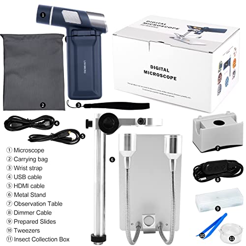Image of LM203S 4 inch HDMI Digital Microscope, Portable Coin Microscope Full View of Coins, 800X Handheld Coin Magnifier Magnifying with Light, Wireless USB Microscope with Metal Stand, 5pcs Microscope Slides