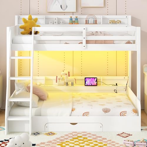Harper & Bright Designs Twin Over Full Floor Bunk Bed with Storage Shelves, Drawer, LED Light and Charging Station, Wooden Bunk Bed Frame with Ladder and Guardrail for Kids Girls Boys, White