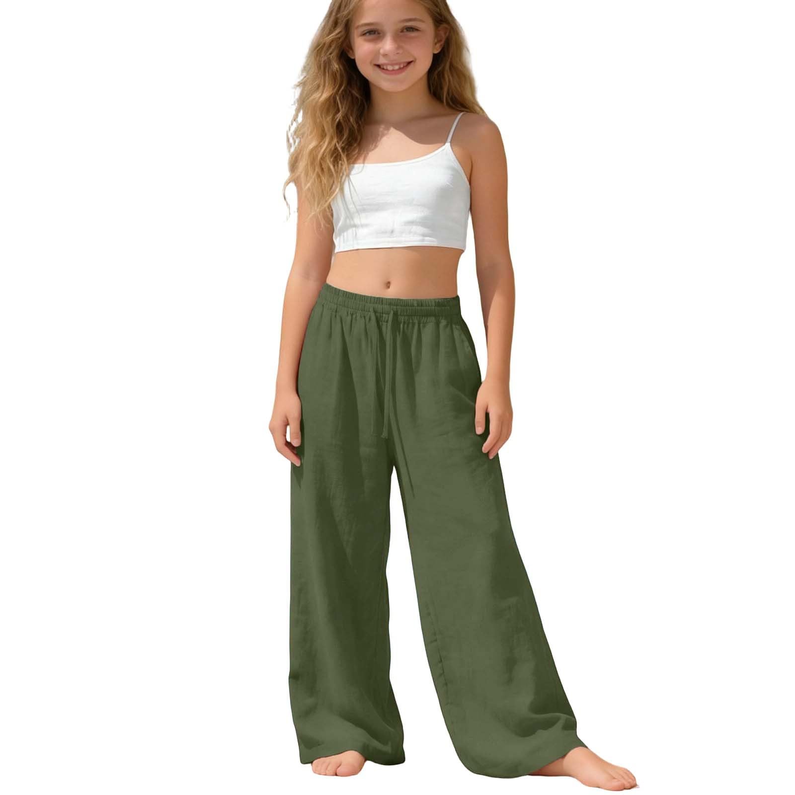 Generico Pantaloni a Gamba Larga per Ragazze in Lino Cotone Elastic Waist Baggy Pantaloni Bambina Leggero Lino Pantalone Pants per Bambini 4-12 Anni con Casual Jogging Quotidiano