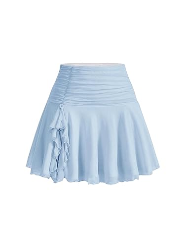 GORGLITTER Rock Mit Rüschen Damen Mesh Minirock Kurzer Rock Mit Netzstoff Geraffter Rock Kurz - XS - Hellblau