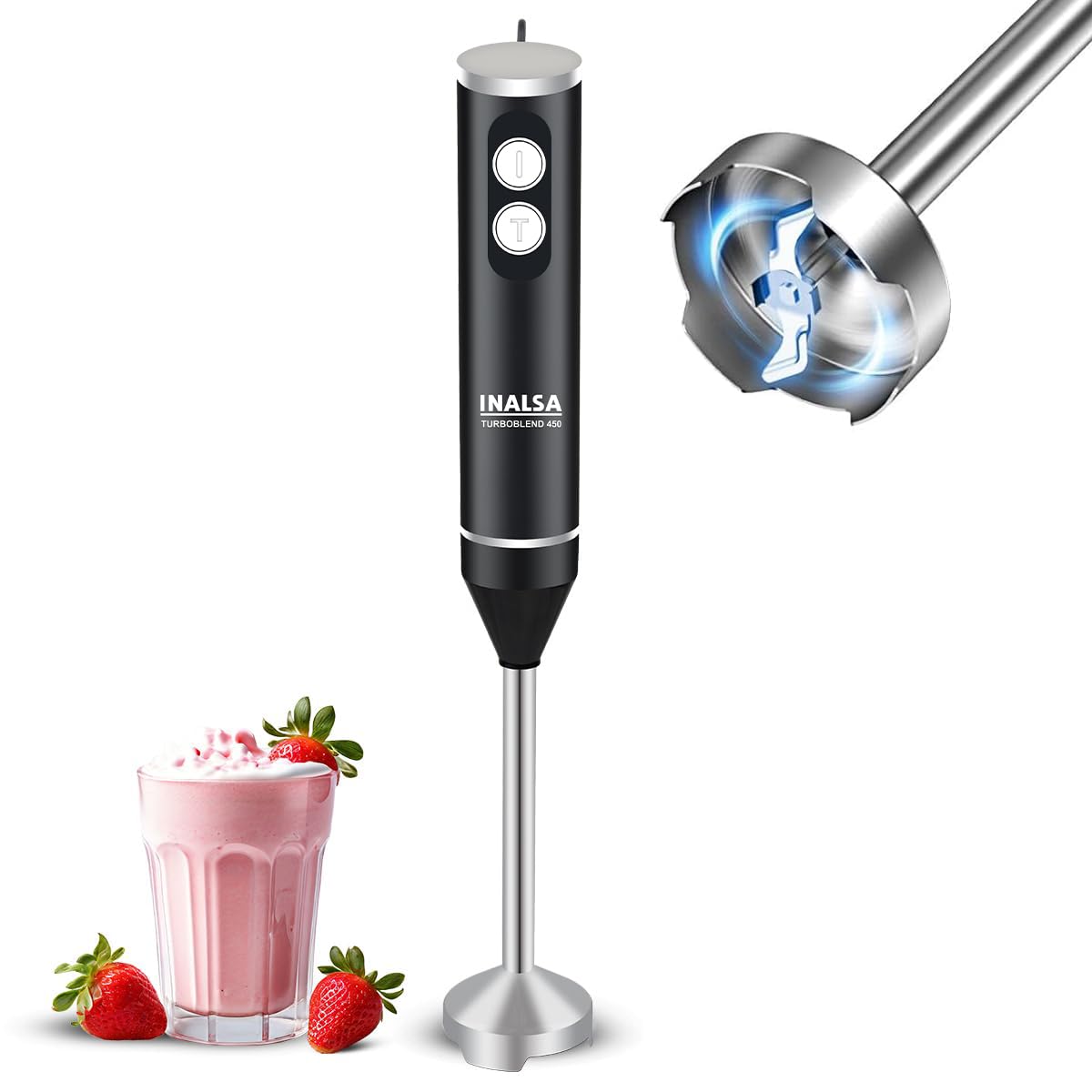 INALSA TurboBlend 450 Hand Blender | 450W Powerful Motor | 2 Speed Control | Stainless Steel Detachable Stem & Blades | Silent Operation | BPA Free | Black/Silver | 1 Year Warranty-image-23