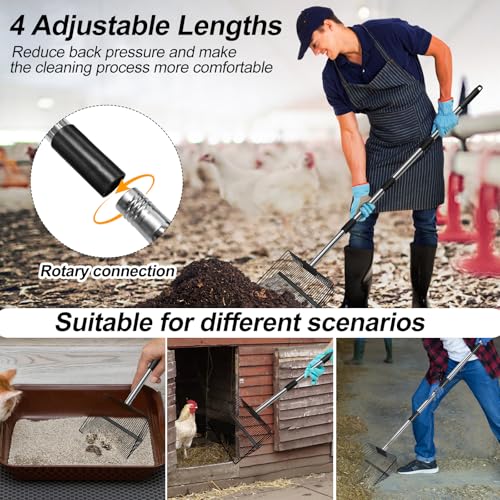 Image of 15 inch Large Chicken Poop Scooper and Rake for Sand for Shavings 74 inch Heavy Duty Pooper Scooper Long Handle Chicken Coop Scoop for Cleaning Tools 5-in-1 Sifting Shovel for Chicken Scoop supplies
