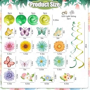33pcs Spring Hanging Decorations for Home Flower Butterfly Hanging Swirls with Led Lights for Spring Summer Easter Flower Butterfly Themed Birthday Party Decorations