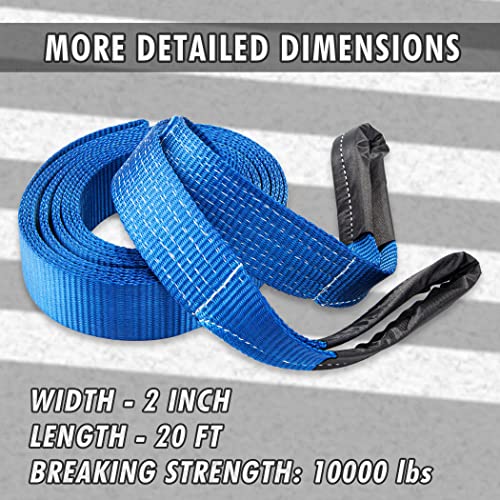 Cartman 2" X 20' Tow Belt Heavy Duty 10,000Lbs Tow Strap Off Road Towing Rope With Reinforced Loops For Recovery Vehicles #TOP1