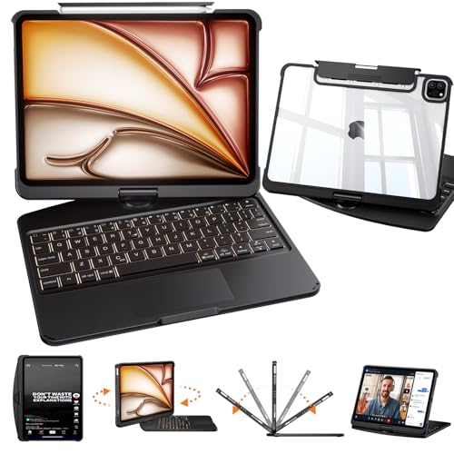 Image of Keyboard Case for Air 13 Inch M4 /M3 /M2 2026 /2025 /2024 & iPad Pro 12.9 inch 3-6 Gen, iPad Case with Keyboard Multi-Touch Trackpad, 360 Rotating Stand, 7-Color 3-Level Backlit, Pencil Holder, Black