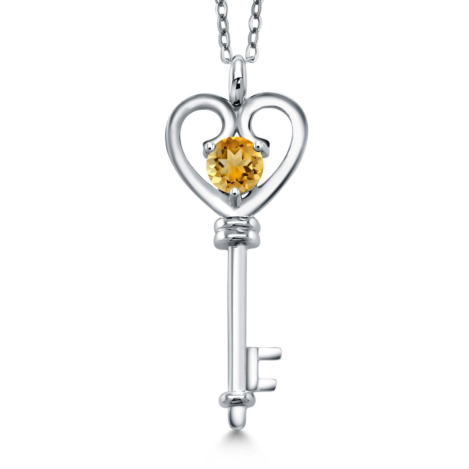 Gem Stone King Heart Key Pendant Necklace For Women In 925 Sterling Silver | Round 5MM | Gemstone Birthstone | Mom Wife Birthday Anniversary