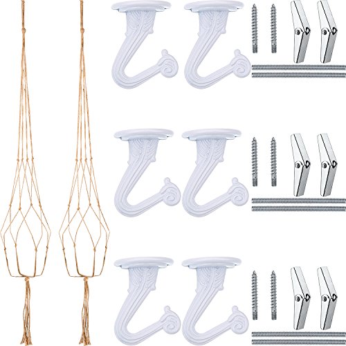 6 Sets Swag Ceiling Hooks Steel Screws Bolts and Toggle Wings with 2 Pieces Large Flower Pot Hanger Basket Holder for Ceiling Hanging Decorations(White)