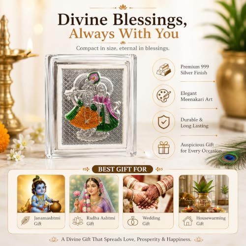 Image of 999 Silver Meenakari Radha Krishna Photo Frame for Home Decor & Puja Room | Designer Shyam Radhika Kanha Banke Bihari Silver God Frame for Office Desk, Tabletop, Auspicious Wedding, Housewarming, Return Gift- 11x9x4 CM