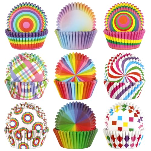SANNIX 450pcs Rainbow Cupcake Liners, Colorful Baking Cups Cupcake Wrappers Paper Wraps Muffin Liners for Birthday Pride Party Candy Cake Decorations Supplies(9 Designs)