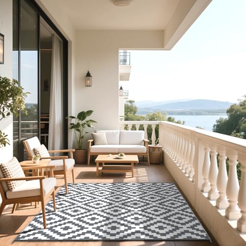 MOKANI Outdoor Rug for Patios Waterproof, Anti-slip Plastic Straw Garden Mat Carpet UV Resistant Indoor Area Rugs for Camping, Deck, Beach, Picnic, Backyard (120x180cm, Grey & White) - Image 2