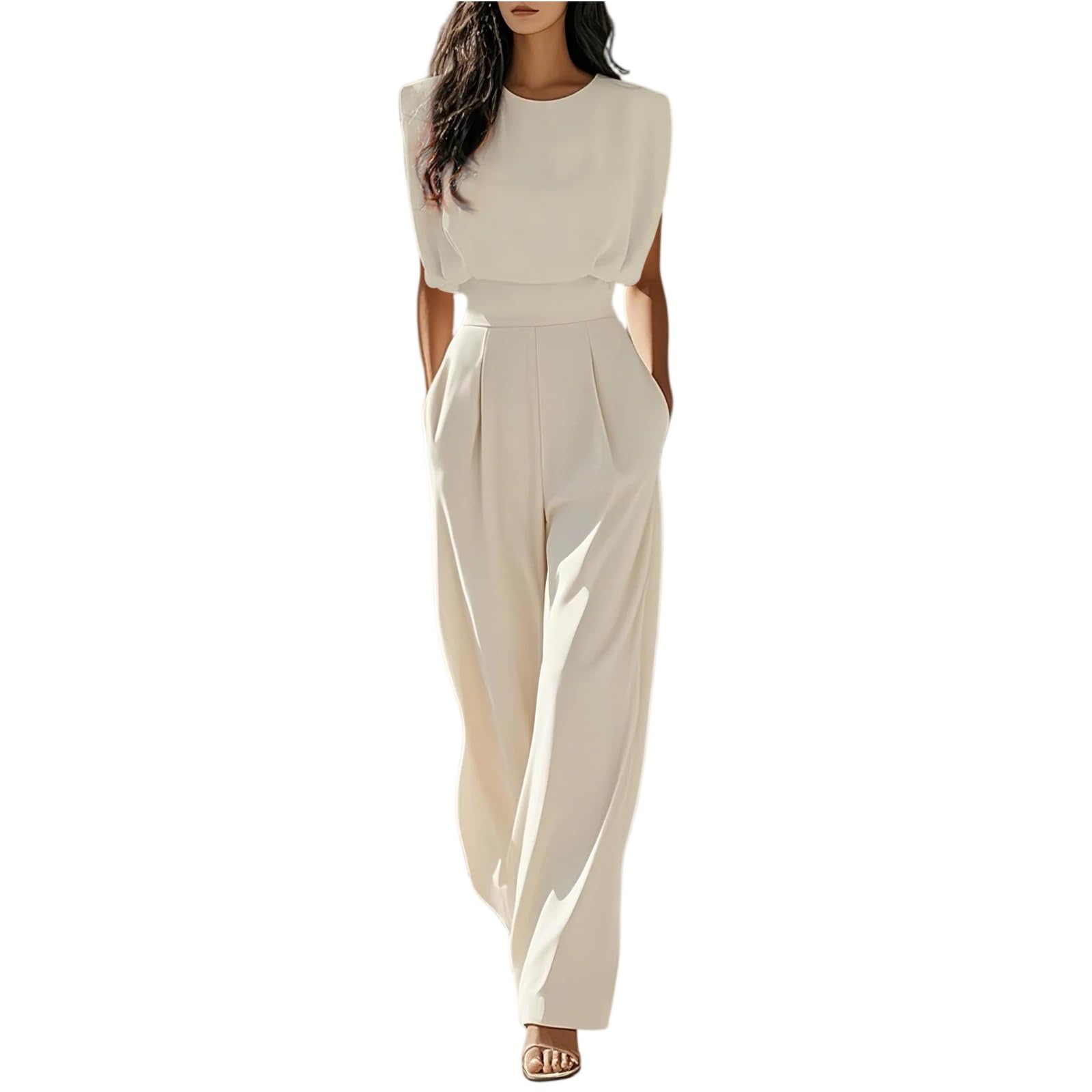 FUPODD Jumpsuit Damen Elegant Business Overall Damen Festlich Hochzeit Ärmellos Jumpsuits Sommer Lang Tailliert Hosenanzug Hochzeitsgast Einteiler Weites Bein Romper Mit Tasche Playsuit Arbeit Büro