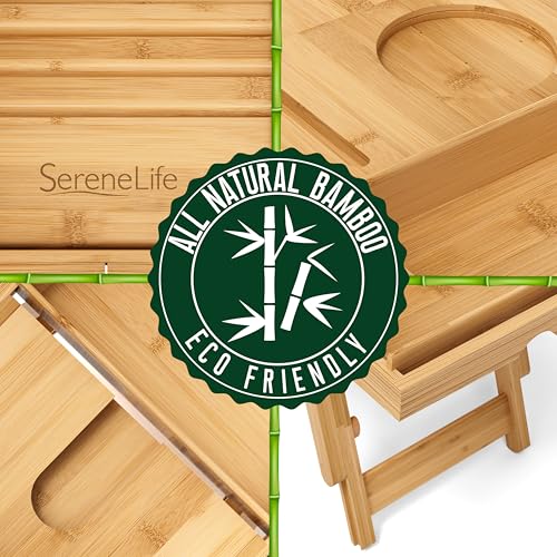 SereneLife-Bath-Caddy-Breakfast-Tray-Combo-Natural-Bamboo-Wood-Waterproof-Bathtub-Caddy-and-Bed-Tray-with-Folding-Slide-Out-Arms-Spa-Trays-and-Soap-Box-Smartphone-Holder-Standard-Gift-Set