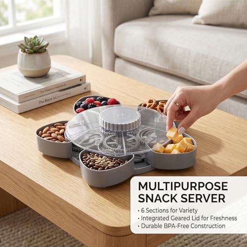 Plateau à collations multi-compartiments rotatif gris avec couvercle hermétique GOWENIC
