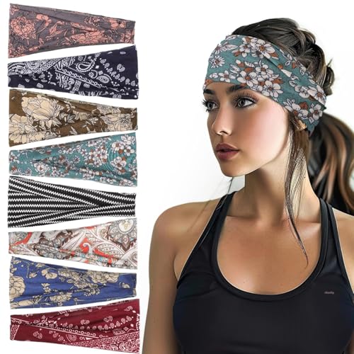 obeoby Boho Style Headbands for Women 8 Pack Non Slip Headbands Fashion Hippie Clothes Outfit Gift Wide Hairband Hair Wrap