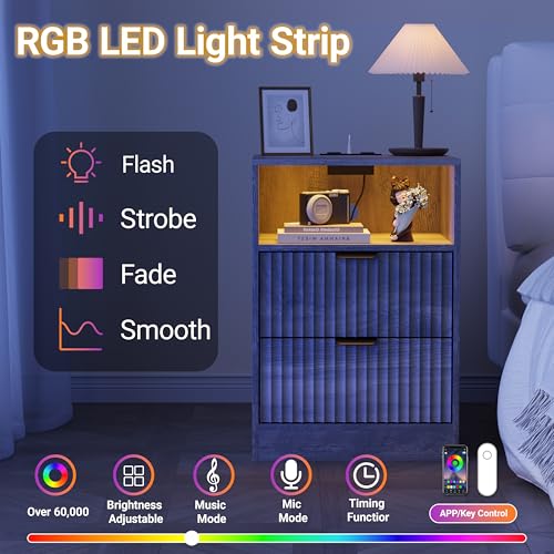 Image of Wodeer Fluted Nightstand Set of 2, LED Nightstand with Charging Station, Wood Nightstands with 2 Drawers & Metal Handles, Modern Bedside Table & End Tables, Farmhouse Night Stands for Bedroom, Grey