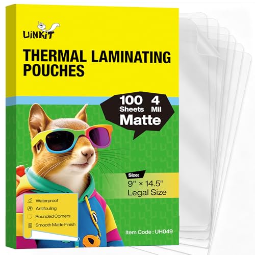 Image of Uinkit 4Mil Matte Legal Size Laminating Pouches, 8.5x14 Inches, 100Pack, Bubble-Free, Crystal Clear Thermal Laminating Sheets for Documents, Menus, Certificates & School /Office Use